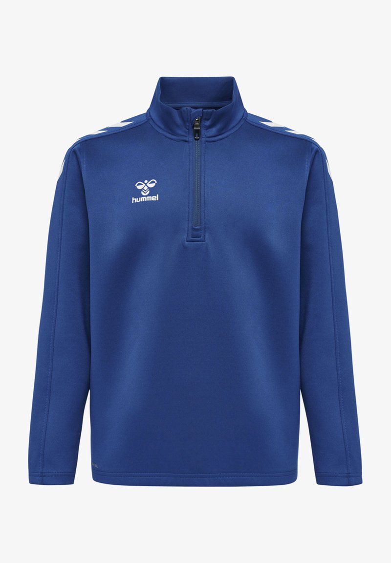 Blauwe half-zip trui van zacht materiaal, met een opstaande kraag en witte schouderstrepen. Hummel-logo in het wit op de borst.