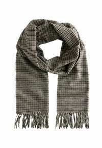 Brown and beige plaid scarf with fringed edges, made from soft fabric, featuring a rectangular shape and a textured pattern.