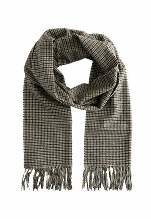 Brown and beige plaid scarf with fringed edges, made from soft fabric, featuring a rectangular shape and a textured pattern.
