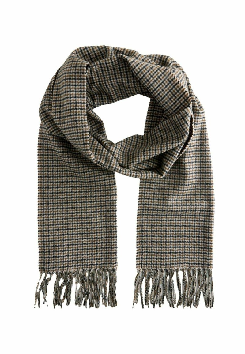 Brown and beige plaid scarf with fringed edges, made from soft fabric, featuring a rectangular shape and a textured pattern.