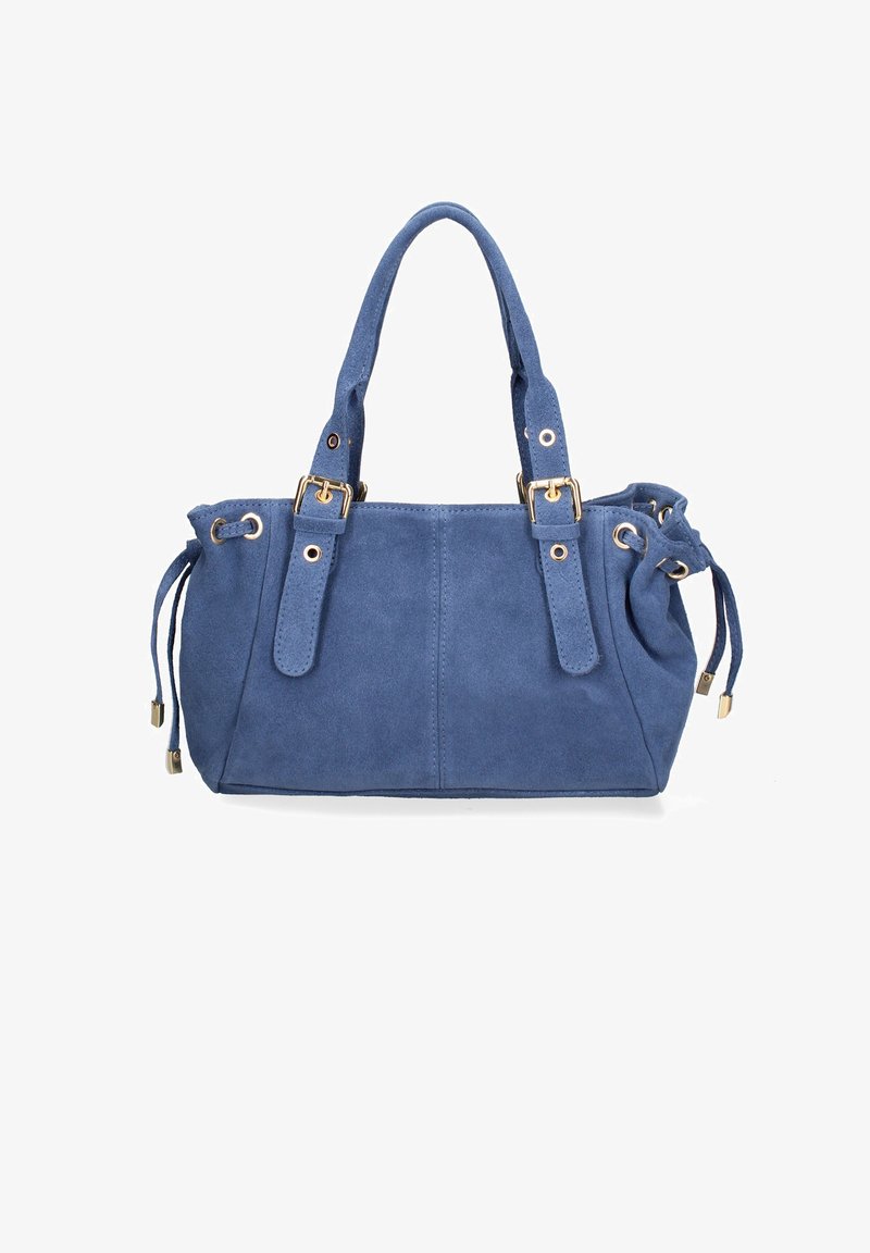 Blauwe suède handtas met gouden hardware, dubbele handgrepen, aansnoerbare zijkanten voor vormaanpassing en een gladde textuur.