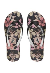 Svarta flip-flops med ett blommönster i rosa och kräm, med en vit logotyp och texturerade gummiband för grepp och komfort.