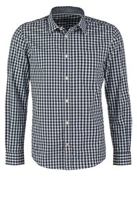 Camicia a maniche lunghe in tessuto a quadri navy e bianco. Collo a button-down e patta frontale con bottoni bianchi. Include taschino sul petto.