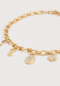 Κολιέ σε χρυσό τόνο με μεγάλα κρίκους, που διαθέτει πολλά κρεμαστά μπρελόκ: ένα λουλουδάτο μενταγιόν, ένα μικρό τριφύλλι και ένα σύμβολο άπειρου.