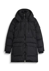 Giubbotto invernale nero con cappuccio, chiusura a zip e due tasche frontali. Presenta un design trapuntato e polsini elasticizzati per un comfort maggiore.