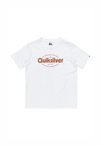 Bílý bavlněný tričko s velkým oranžovým logem a textovým designem "Quiksilver" na přední straně. Klasický kulatý výstřih a krátké rukávy.