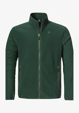 Grüne Fleecejacke mit hohem Kragen, Frontreißverschluss, zwei seitlichen Reißverschlusstaschen und dezentem Logo auf der Brust. Weicher Stoff, leichtes Design.