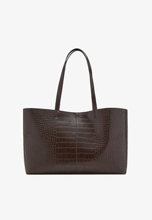 Brown crocodile-textured tote bag with two sturdy straps, rectangular shape, and smooth glossy finish; features a central seam detail.