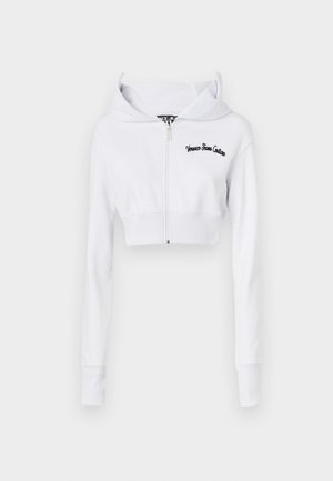 White cropped hoodie with long sleeves, zip closure, and embroidered black text. Made of soft fabric with a smooth texture.