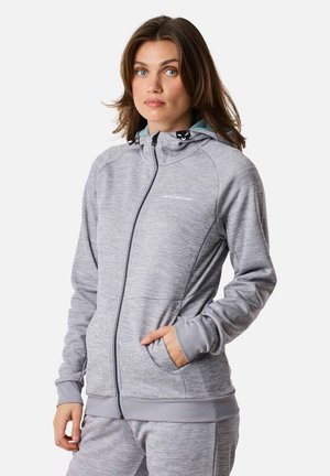 Ljust grå zip-up hoodie med texturerad tyg, kontrasterande huva foder och två sidofickor; har en logotyp på bröstet och ribbade ärmslut.