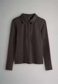 Long-sleeve, dark brown polo shirt with a classic collar, three-button placket, and ribbed texture. Smooth fabric with a casual design.