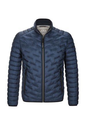 Marineblau gesteppte Jacke mit Reißverschluss vorne, Stehkragen und seitlichen Taschen. Sie zeichnet sich durch einen glatten, glänzenden Stoff mit einem dezenten Glanz und strukturiertem Muster aus.