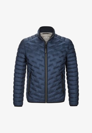 Marineblau gesteppte Jacke mit Reißverschluss vorne, Stehkragen und seitlichen Taschen. Sie zeichnet sich durch einen glatten, glänzenden Stoff mit einem dezenten Glanz und strukturiertem Muster aus.