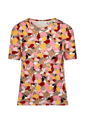 Short-sleeve floral top featuring a brown background with a colorful floral print in pink, yellow, and red. Soft, textured fabric.