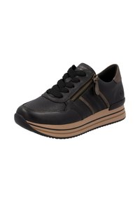 Schwarze Leder-Sneaker mit durchbrochenem Design, braunen Akzenten, runder Zehenpartie, Stoffsenkeln, seitlichem Reißverschluss und einer strukturierten Gummisohle.