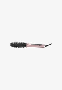 Brosse de coiffure avec une section de poils noirs et un manche en métal rose. Comprend un cordon d'alimentation et des boutons de contrôle le long du manche.