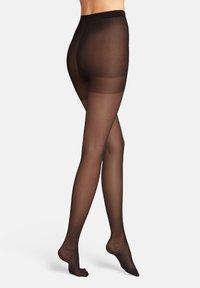 Collant neri opachi con una texture liscia, vita alta e punta rinforzata. La lunghezza della gamba arriva a metà coscia.