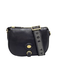 Borsa a tracolla nera in pelle con hardware dorato, chiusura con zip e tracolla in tessuto regolabile con testo nero.