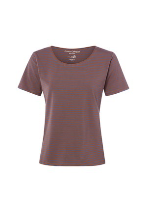 Short-sleeve, round-neck t-shirt with thin horizontal brown and blue stripes, labeled Franco Callegari, regular fit, pure cotton, size small.
