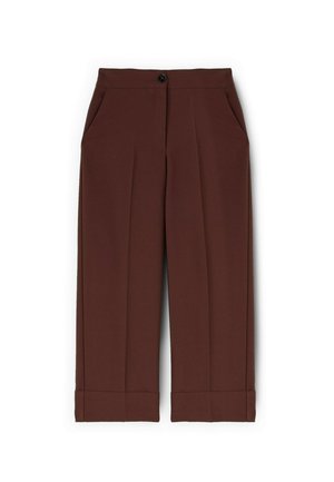 Bruine, wijde pantalon gemaakt van een gladde stof. Bevat twee zijzakken, een knoopsluiting en manchetten aan de zoom.