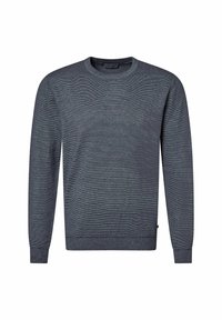 Dunkelgrauer Strickpullover mit langen Ärmeln, Rundhalsausschnitt und gerippten Bündchen. Der strukturierte Stoff zeigt ein dezentes horizontales Streifenmuster.