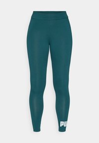 Teal korkea vyötärö tuntuvasti leggingsit, joissa on valkoinen Puma-logo vasemmassa alareunassa, esillä yksinkertaisella valkoisella taustalla.