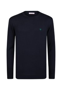 Maglione lavorato a maglia di colore blu navy, realizzato in un tessuto morbido, con scollatura rotonda, maniche lunghe e un piccolo logo verde sul petto.