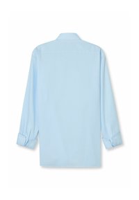 Helles blaues Langarmhemd mit vertikalen weißen Streifen, klassischem Kragen und umgeschlagenen Manschetten. Glatter Stoff mit lockerer Passform.