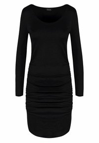 Schwarzes langärmeliges Kleid aus weichem Stoff. Hat einen runden Ausschnitt und geraffte Textur an den Seiten, endet oberhalb des Knies.