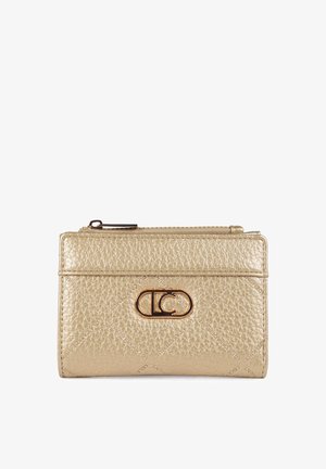Gold textured wallet with a zip closure, featuring a prominent logo and embossed pattern. Compact rectangular shape with smooth accents.