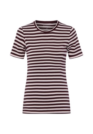 Short-sleeve crew neck t-shirt with horizontal dark brown and light pink stripes, slim fit style.