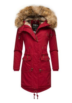 Rode parka-jack met een faux fur-voering aan de capuchon, een trekkoord in de taille, elastische manchetten en meerdere zakken. Gemaakt van duurzaam textielmateriaal.