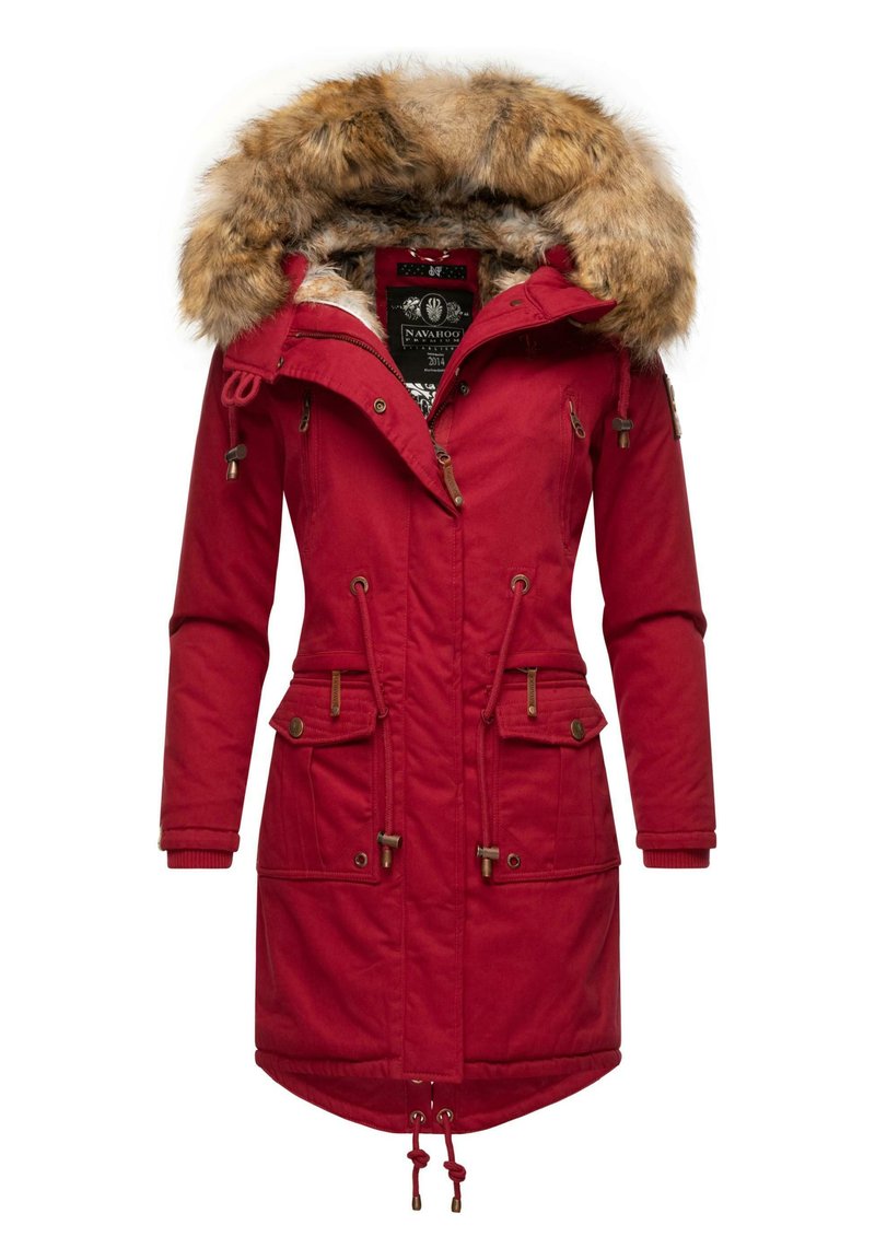Red parka jacket with a faux fur-lined hood, drawstring waist, elastic cuffs, and multiple pockets. Made from durable textile material.