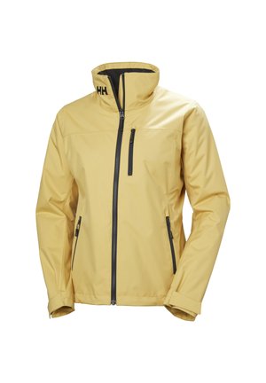 Chaqueta impermeable amarillo claro con cremallera frontal, bolsillo en el pecho, bolsillos laterales y logotipo "HH" en el cuello alto.