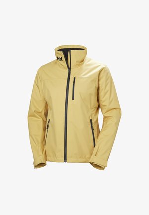 Chaqueta impermeable amarillo claro con cremallera frontal, bolsillo en el pecho, bolsillos laterales y logotipo "HH" en el cuello alto.