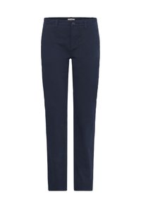 Marineblaue Baumwollhose mit geradem Bein, Frontknopfverschluss und sechs Gürtelschlaufen. Glatte Textur, keine sichtbaren Muster oder Akzente.