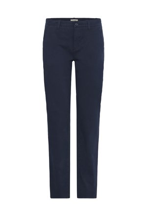 Pantalons en coton bleu marine avec une coupe droite, fermeture à bouton à l'avant et six passants de ceinture. Texture lisse, sans motifs ni accents visibles.