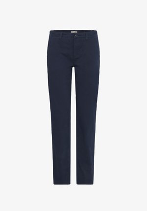 Pantalons en coton bleu marine avec une coupe droite, fermeture à bouton à l'avant et six passants de ceinture. Texture lisse, sans motifs ni accents visibles.