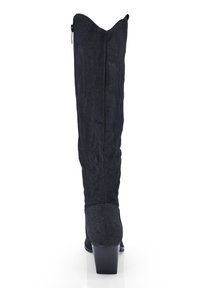 Black knee-high boots with a textured fabric, pointed toe, and a block heel. Features a zipper closure at the back.