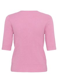 Rosa ribbat ribbad kortärmad tröja med rund halsringning och åtsittande midja, visad bakifrån.