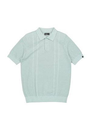 Hellgrünes Strick-Poloshirt mit kurzen Ärmeln, strukturierten vertikalen Streifen, Knopfleiste sowie geripptem Kragen, Bündchen und Saum.