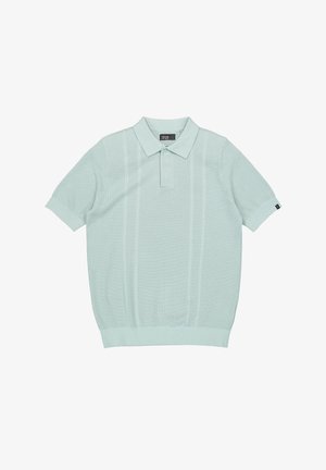 Hellgrünes Strick-Poloshirt mit kurzen Ärmeln, strukturierten vertikalen Streifen, Knopfleiste sowie geripptem Kragen, Bündchen und Saum.