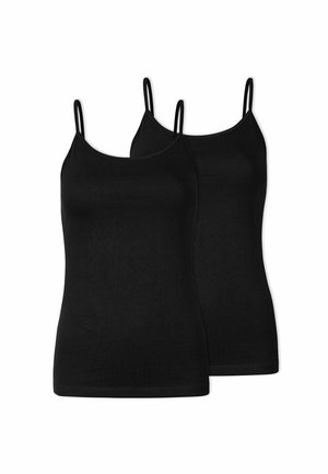 Camisoles en coton noir avec des fines bretelles réglables, offrant une texture douce, un ajustement serré et un design simple et classique. Inclus : deux pièces.
