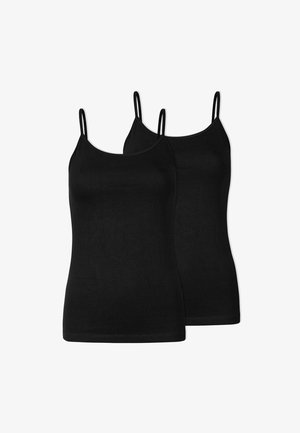 Camisoles en coton noir avec des fines bretelles réglables, offrant une texture douce, un ajustement serré et un design simple et classique. Inclus : deux pièces.