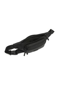 Marsupio in pelle nera con due scomparti con zip e tracolla regolabile con fibbia in plastica, mostrato aperto su uno sfondo bianco.
