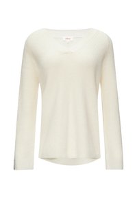 Witte lange mouwen trui met een V-hals, voorzien van een geribbelde textuur en een licht afgeronde zoom. Materiaal lijkt zacht en comfortabel.