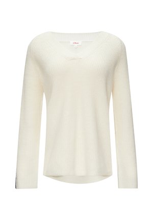 Balts garām piedurknēm džemperis ar V-veida kakla izgriezumu, ar ribotu tekstūru un nedaudz noapaļotu apakšmalu. Izskatās, ka materiāls ir mīksts un ērts.