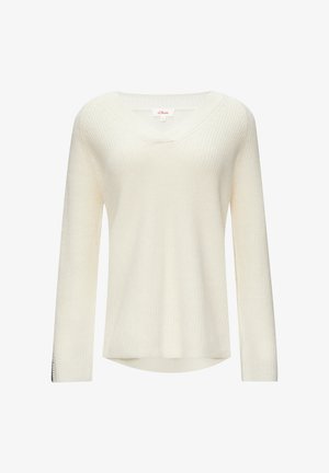 Bijela džemper s dugim rukavima i V-izrezom, koji ima rebrastu teksturu i lagano zaobljen rub. Materijal izgleda mekano i ugodno.