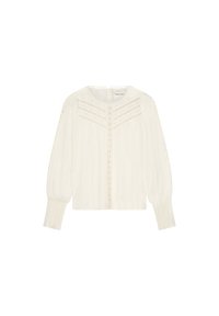 Witte blouse met lange mouwen, knoopsluiting aan de voorkant, textuurstof en verfijnde borduurdetails langs de schouders en borst.