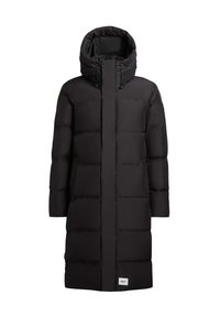 Sort pufjakke med hætte, med en quiltet design, frontlynlås og to sidelommer. Glat tekstur og knælang silhuet.